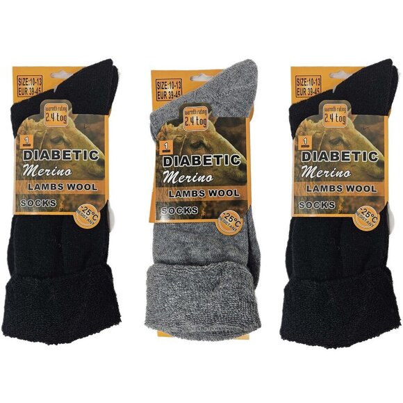3 Pairs Merino Lamb Wool Diabetic Socks, Men Women, Warm Winter Sock Size 10-13 - Picture 1 of 3